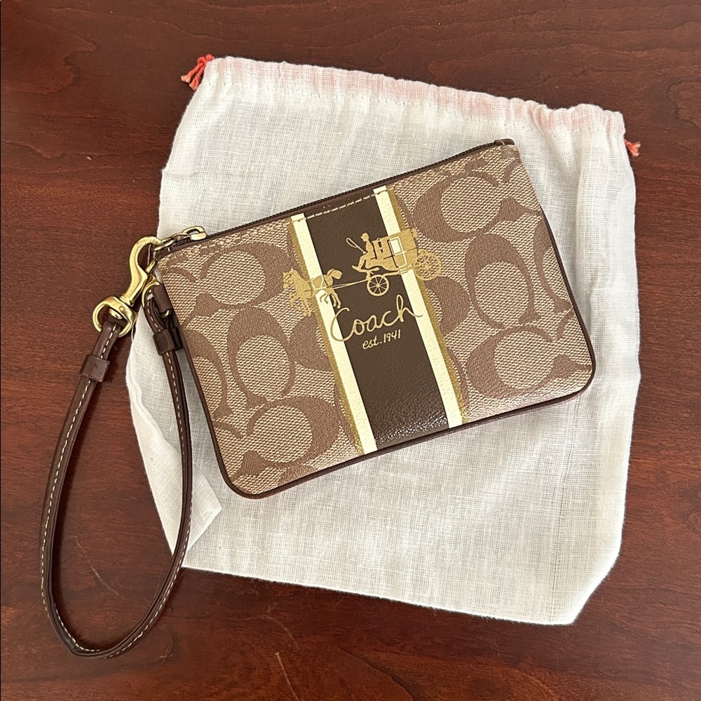 Coach heritage stripe small wristlet + storage bag